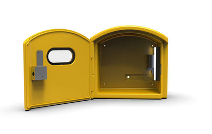 Defibcaddy Outdoor Heated External Defibrillator Cabinet Locked in Yellow