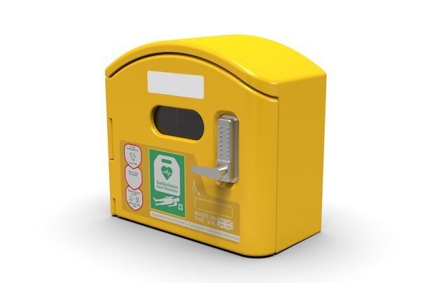 Defibcaddy Outdoor Heated External Defibrillator Cabinet Locked in Yellow